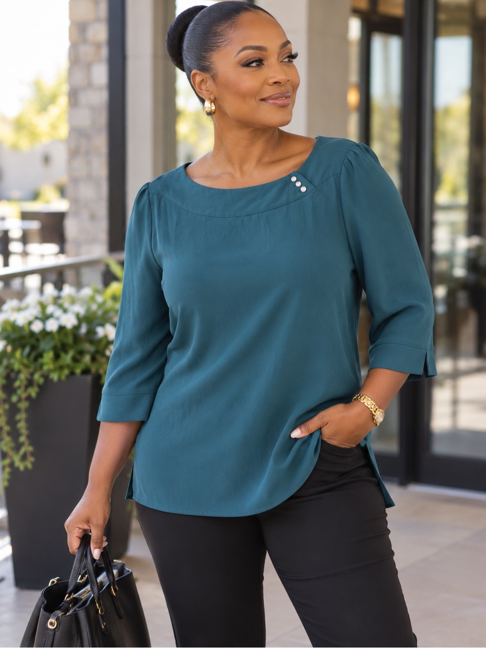 Reitmans Teal Blue 3/4 Sleeve Blouse – XL – Button Detail Neckline